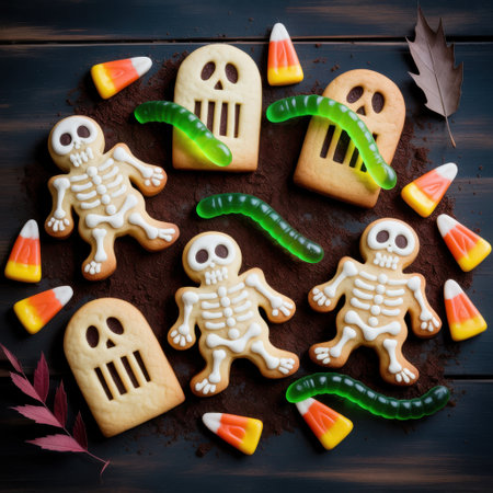 A Halloween flat lay features skeleton shaped cookies candy corn and green gummy worms scattered on a dark wooden surface.の素材
