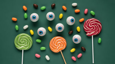 Flat lay of Halloween candy eyeballs and colorful swirl lollipops scattered on a dark green surface.の素材