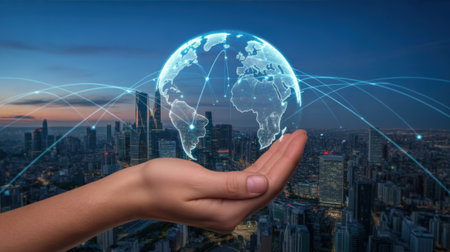A hand cradles a glowing digital globe with network lines connecting across a modern cityscape at dusk.の素材