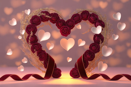 A heart-shaped frame of deep red roses and gold sprigs is adorned with floating rose gold and white hearts against a soft pink bokeh background.の素材