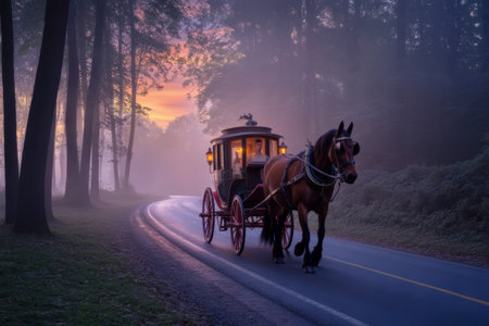 Horse-drawn carriage travels on a misty forest road at sunsetの素材
