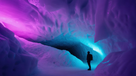 A lone hiker stands in awe within a surreal ice cave, bathed in vibrant purple and blue light.の素材