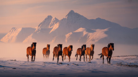 A herd of brown horses gallops across a snow-covered field with majestic snow-capped mountains in the background during a soft sunset.の素材