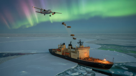 Icebreaker Ship and Plane Under Aurora Borealis in Arcticの素材