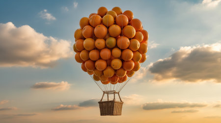 Hot Air Balloon Made of Oranges Floating in the Skyの素材