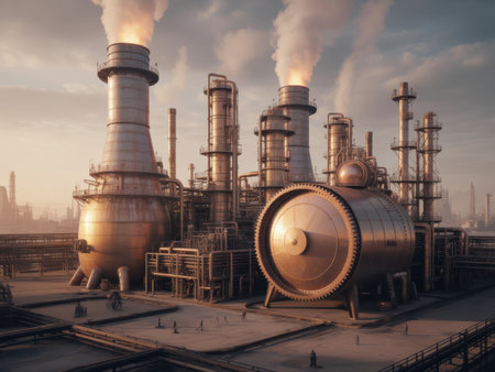 Industrial Oil Refinery with Smoking Stacks and Large Storage Tanksの素材