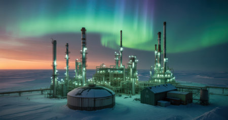 Industrial Complex Under Northern Lights in Snowy Landscapeの素材