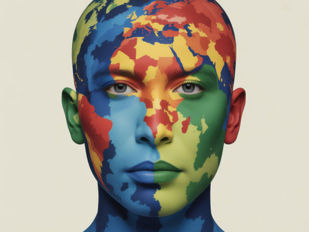 A close-up portrait of a person's face and head painted with a colorful world map.の素材