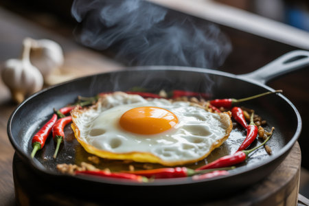 Hot Fried Egg with Chili Peppers Sizzling in a Cast Iron Panの素材