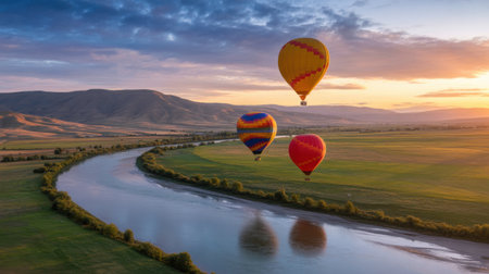 Hot Air Balloons Soar Over a Serene River Valley at Sunriseの素材