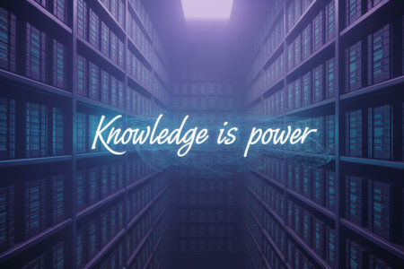 Rows of books in a digital library with the text "Knowledge is power" glowing.の素材