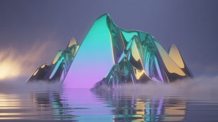 A surreal landscape features iridescent crystalline mountain peaks rising from misty water under a gradient purple sky with soft light.の素材