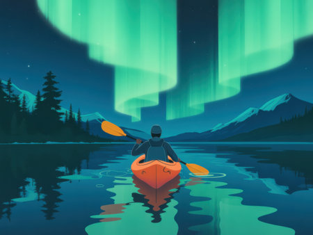 A lone kayaker paddles on a tranquil lake beneath a breathtaking display of the Northern Lights.の素材