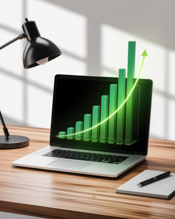 A laptop on a wooden desk displays a green bar graph showing upward growth, with a notebook and pen nearby.の素材