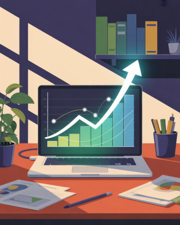 A laptop on a desk displays a growing financial graph, symbolizing business success and progress.の素材