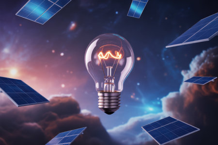 Lightbulb and Solar Panels Floating in a Cosmic Skyの素材