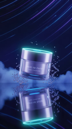 A glass jar of purple face cream levitates against a dark background with glowing blue and purple light streaks and floating particles.の素材