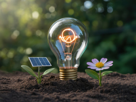 Lightbulb, Solar Panel, and Flower Growing in Soilの素材
