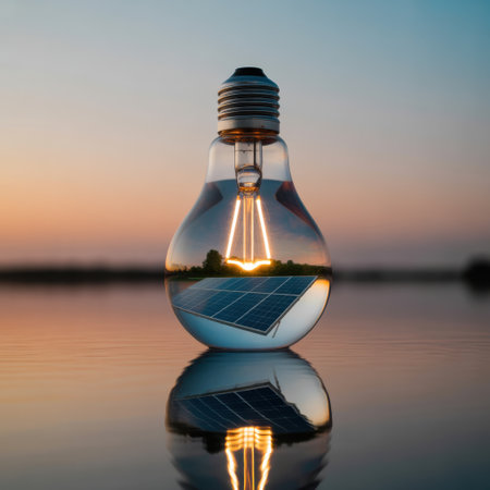 Lightbulb with Solar Panel Reflection at Sunset Over Waterの素材