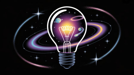 A white outline lightbulb contains a vibrant purple and yellow galaxy with planets and comets. Starry background with colorful rings.の素材
