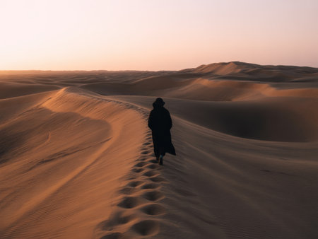 A person in a dark coat walks across undulating sand dunes during a warm sunset.の素材