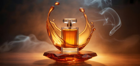 Luxurious Amber Perfume Bottle with Golden Splash and Wisps of Smokeの素材