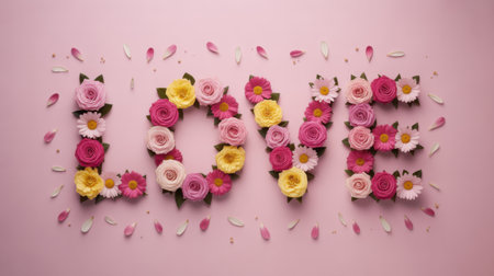 The word "LOVE" is artfully crafted from a variety of pink and yellow roses and daisies.の素材