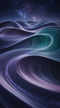 Abstract waves of purple and teal shimmer with glitter under a dark starry sky.の素材