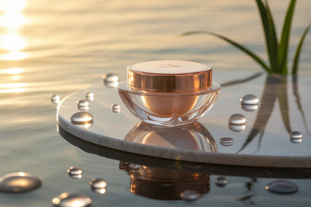 A rose gold capped glass cream jar sits on a reflective surface with water droplets and a blurred green plant.の素材