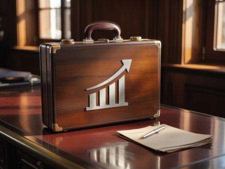 A polished wooden briefcase with a silver growth chart symbol sits on a desk next to a pen and papers.の素材