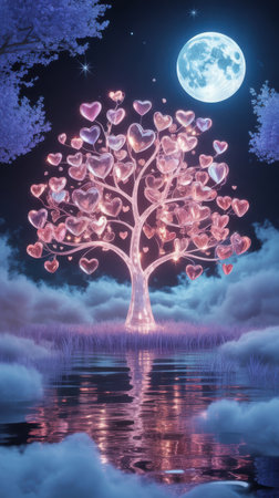 A glowing tree with heart-shaped fruits stands in a misty field reflecting in water under a bright moon and starry sky.の素材
