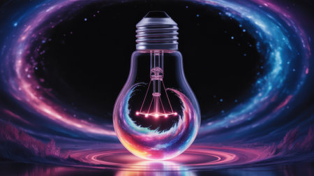 A lightbulb containing a swirling galaxy and cosmic nebula, representing ideas and inspiration.の素材