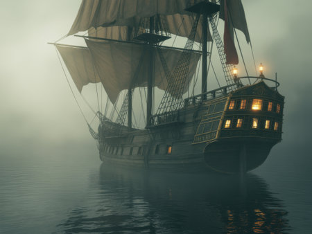 A majestic wooden galleon sails through a thick, ethereal fog on calm waters, its lanterns casting a warm glow.の素材