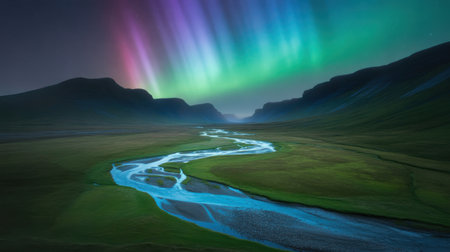Majestic Aurora Borealis Dances Over a Winding River Valleyの素材