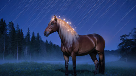 Magical Horse Under a Starry Night Sky with Streaking Lightsの素材