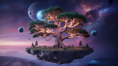 Majestic Floating Island with Ancient Tree and Alien Planetsの素材