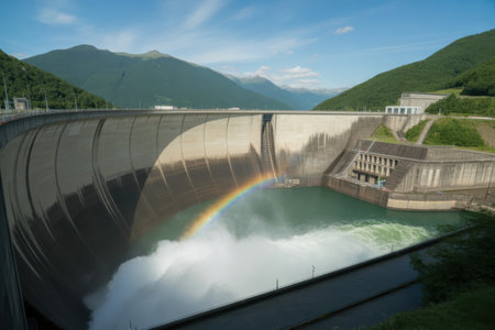 Majestic Dam with Rainbow and Rushing Water in Mountainous Landscapeの素材