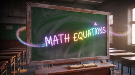 A vibrant, glowing "Math Equations" text appears on a dusty chalkboard in a vintage classroom setting.の素材