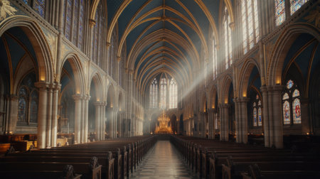 Sunlight streams through stained glass windows illuminating the grand interior of a gothic cathedral with ornate details.の素材