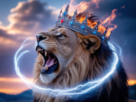 Majestic Lion King Crowned with Fire and Lightning Roarsの素材