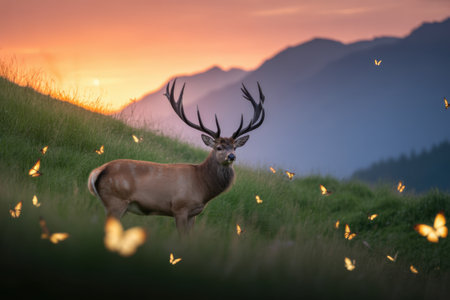 Majestic Stag with Butterflies at Sunset in a Mountain Meadowの素材