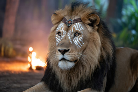 Majestic Lion with Tribal Face Paint and Fiery Backgroundの素材