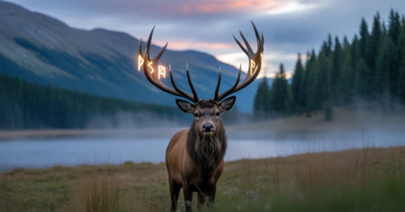 Majestic Stag with Glowing Runes on Antlers in Misty Landscapeの素材