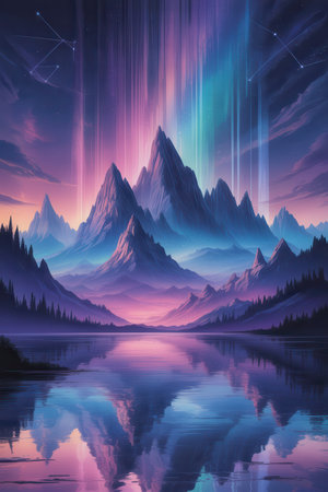 A digital painting of a vast mountain range reflected in a still lake under a vibrant aurora borealis with stars and constellations visible in the sky.の素材