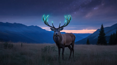 Majestic Stag with Glowing Antlers Under a Starry Night Skyの素材