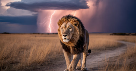 Majestic Lion Walks Through Savannah During Lightning Stormの素材