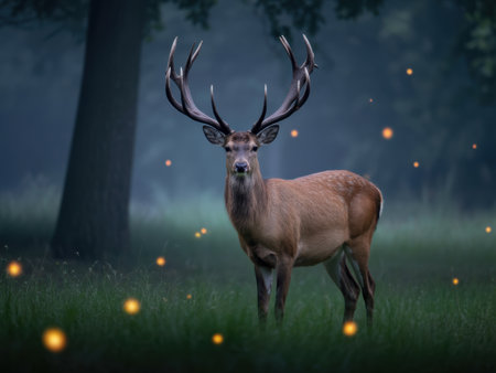 A majestic stag with large antlers stands in a misty forest, surrounded by glowing fireflies.の素材