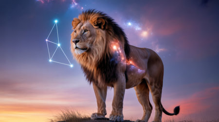 Majestic Lion with Cosmic Nebula and Constellation Overlayの素材