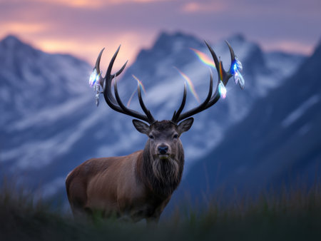 Majestic Stag with Crystal Antlers in a Mountainous Landscapeの素材