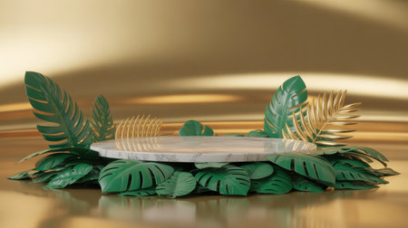 A white marble podium is surrounded by vibrant green monstera leaves and golden palm fronds against a shimmering gold background.の素材